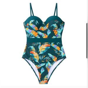 Cupshe tropical leafy print one piece with molded cups size medium